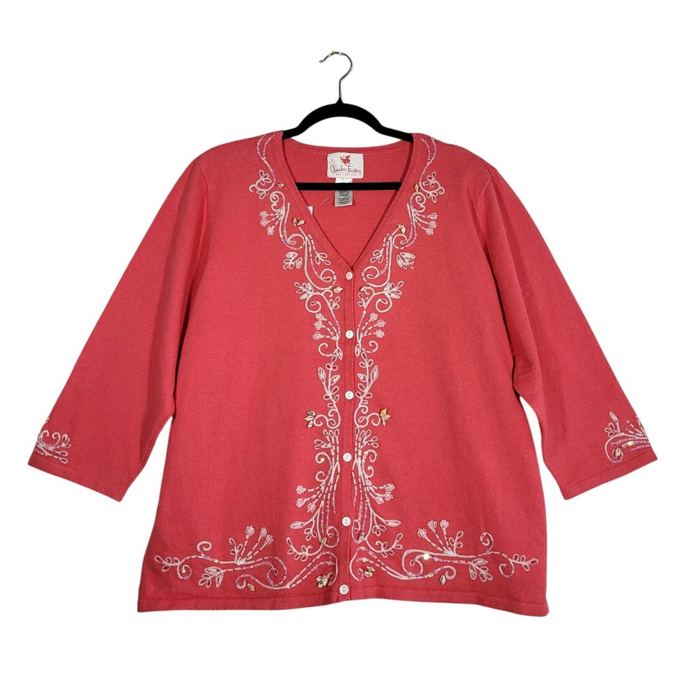 Quacker Factory Seashell‎ Cardigan XL Coral Pink Embroidered V-Neck Linen NWT